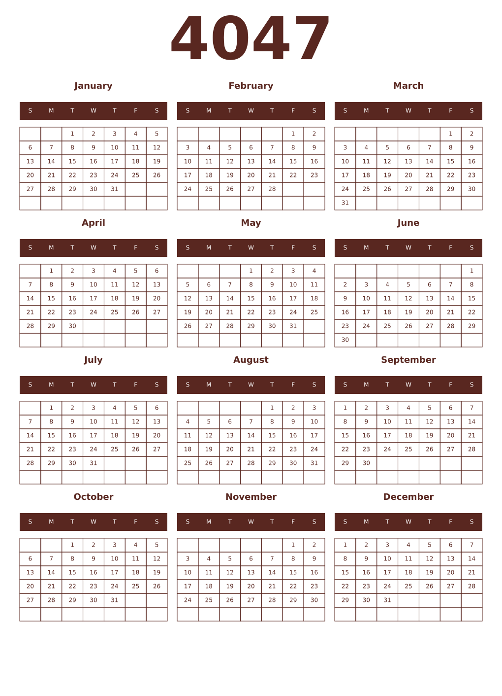 Printable 4047 Year Calendars mortuum