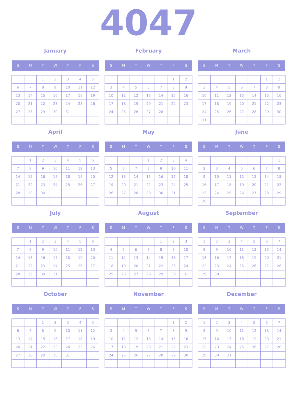 Printable 4047 Year Calendars periwinkle