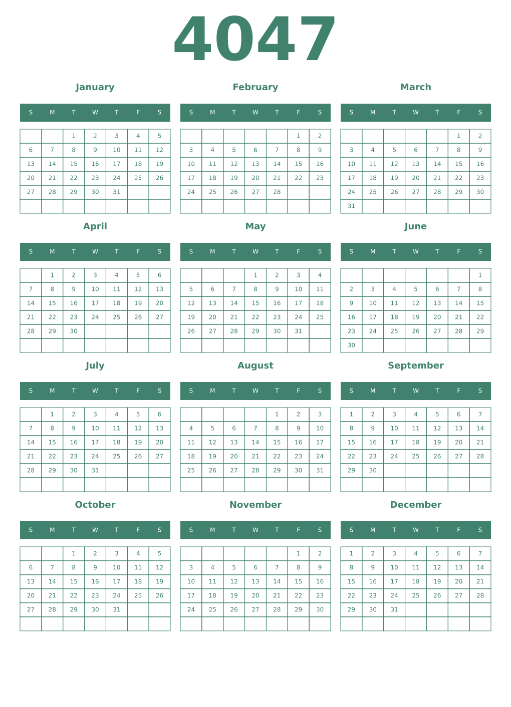 Printable 4047 Year Calendars viridian