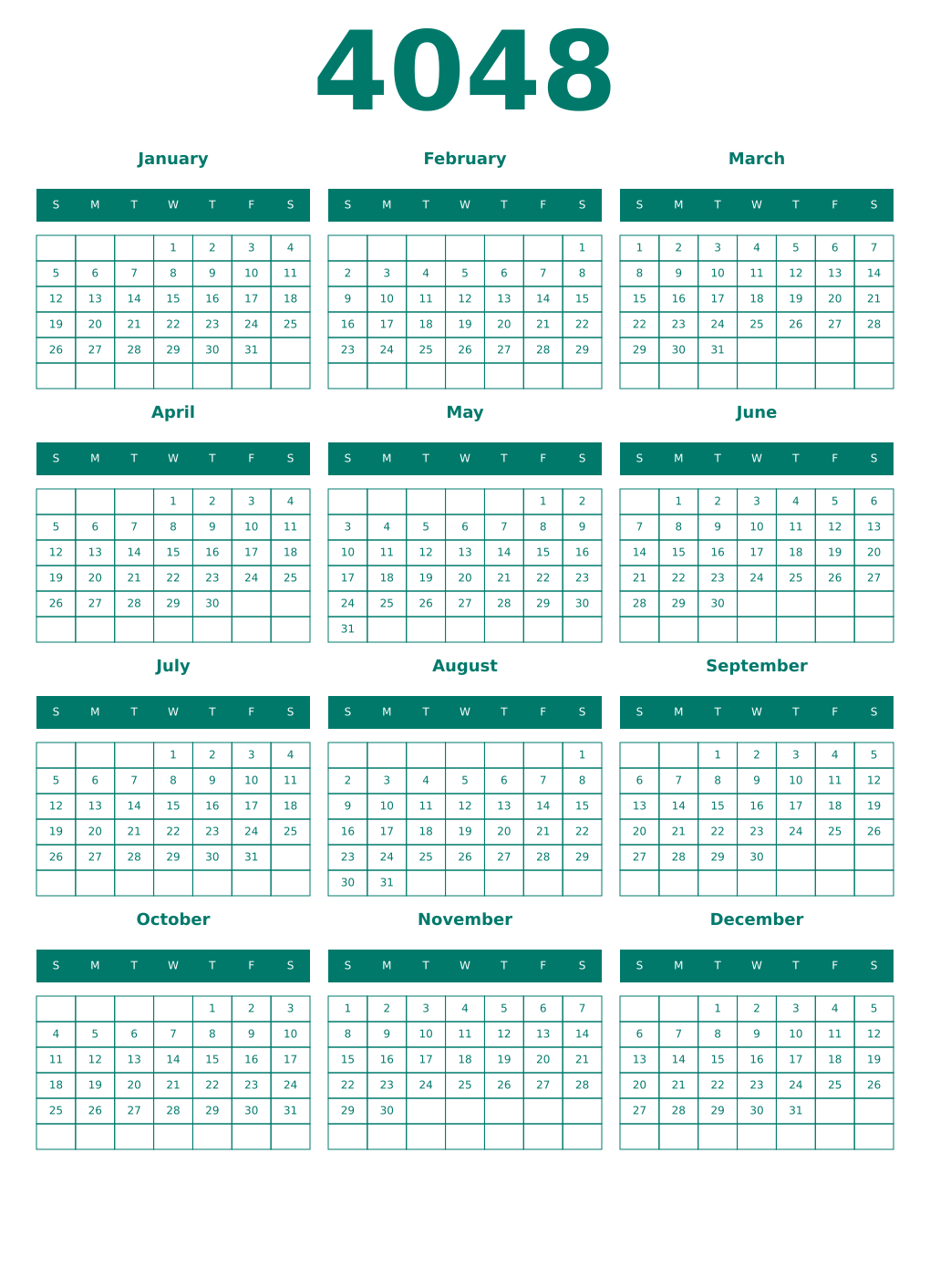Printable 4048 Year Calendars pastel