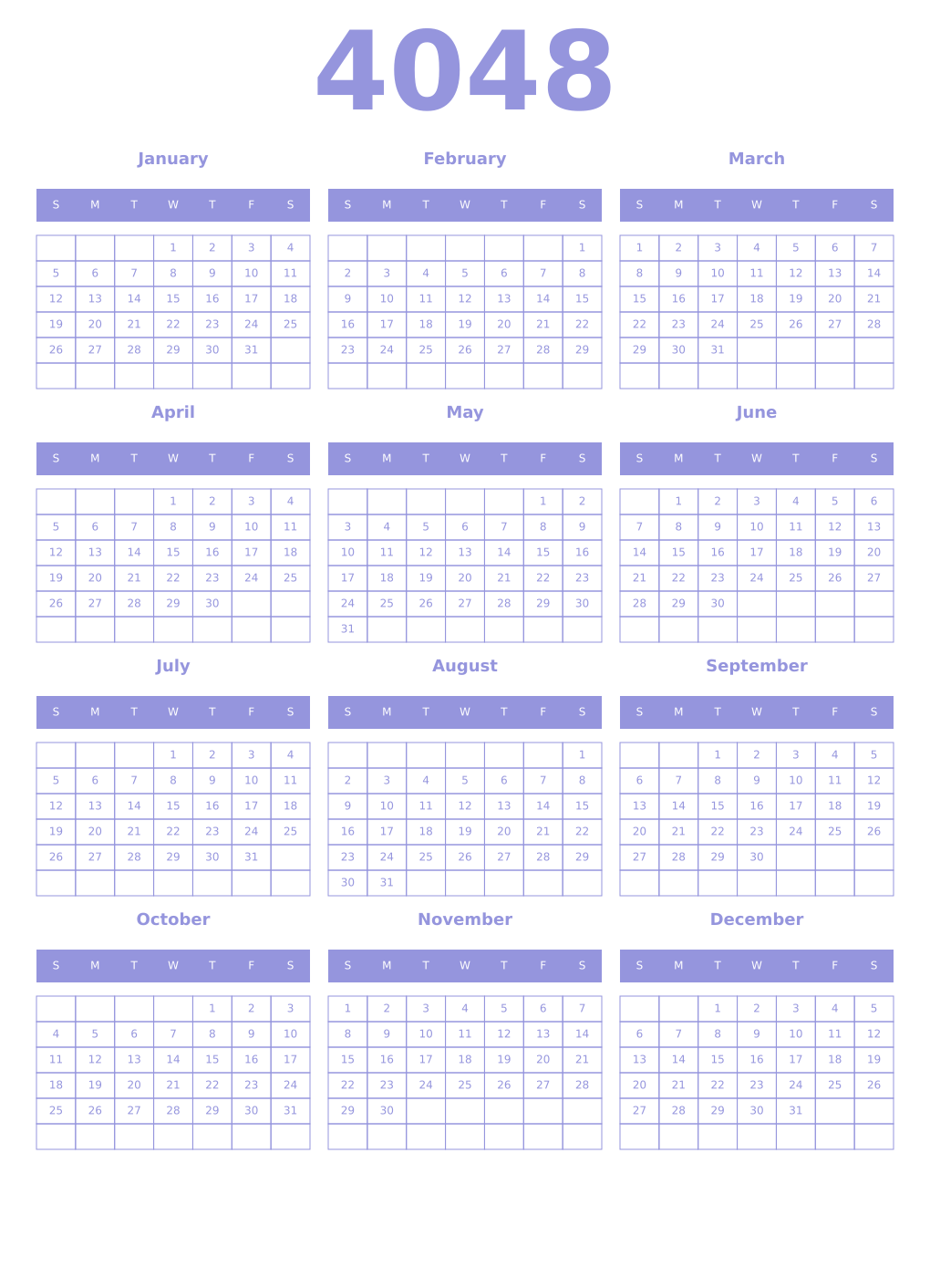 Printable 4048 Year Calendars periwinkle