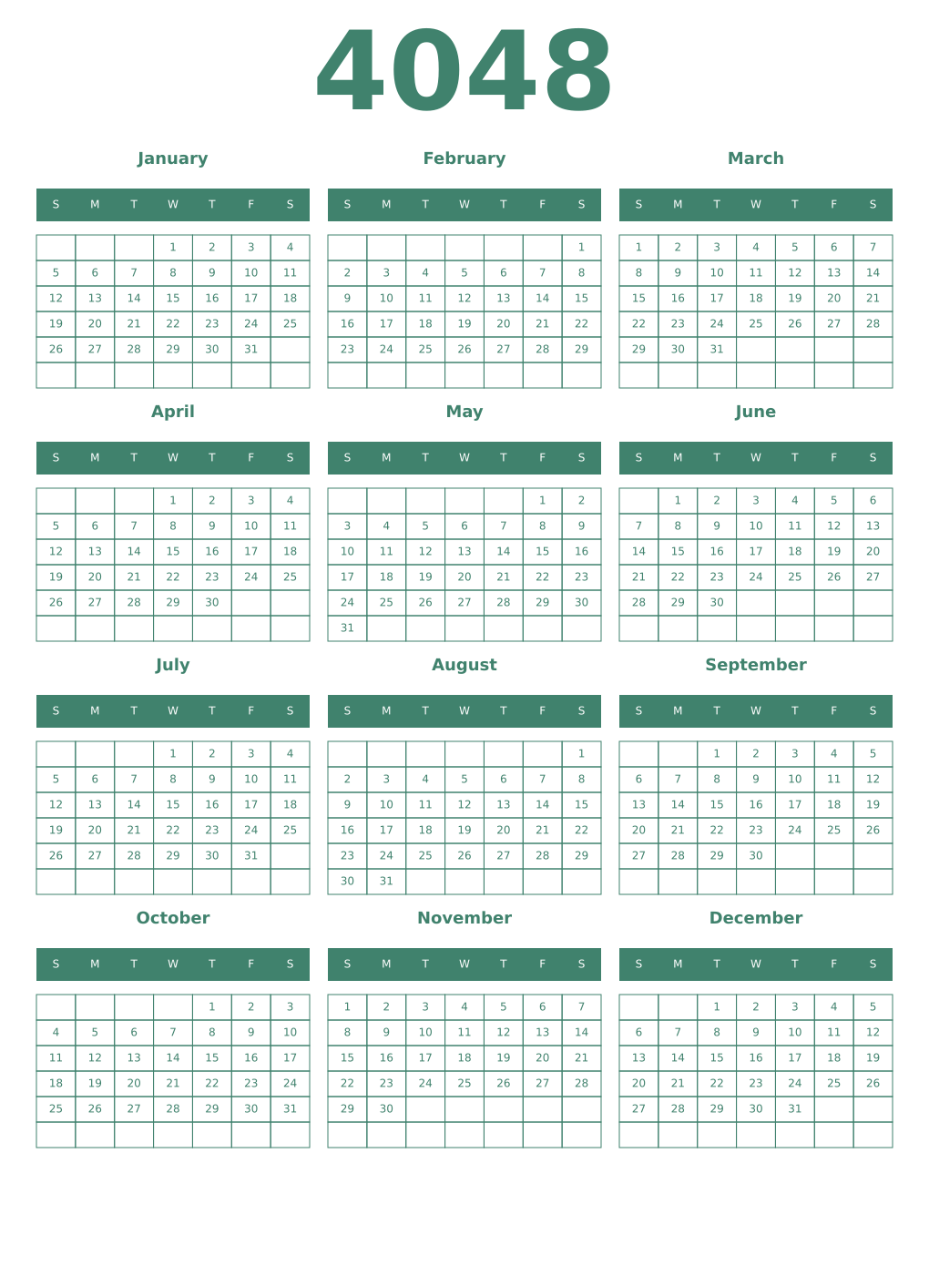 Printable 4048 Year Calendars viridian