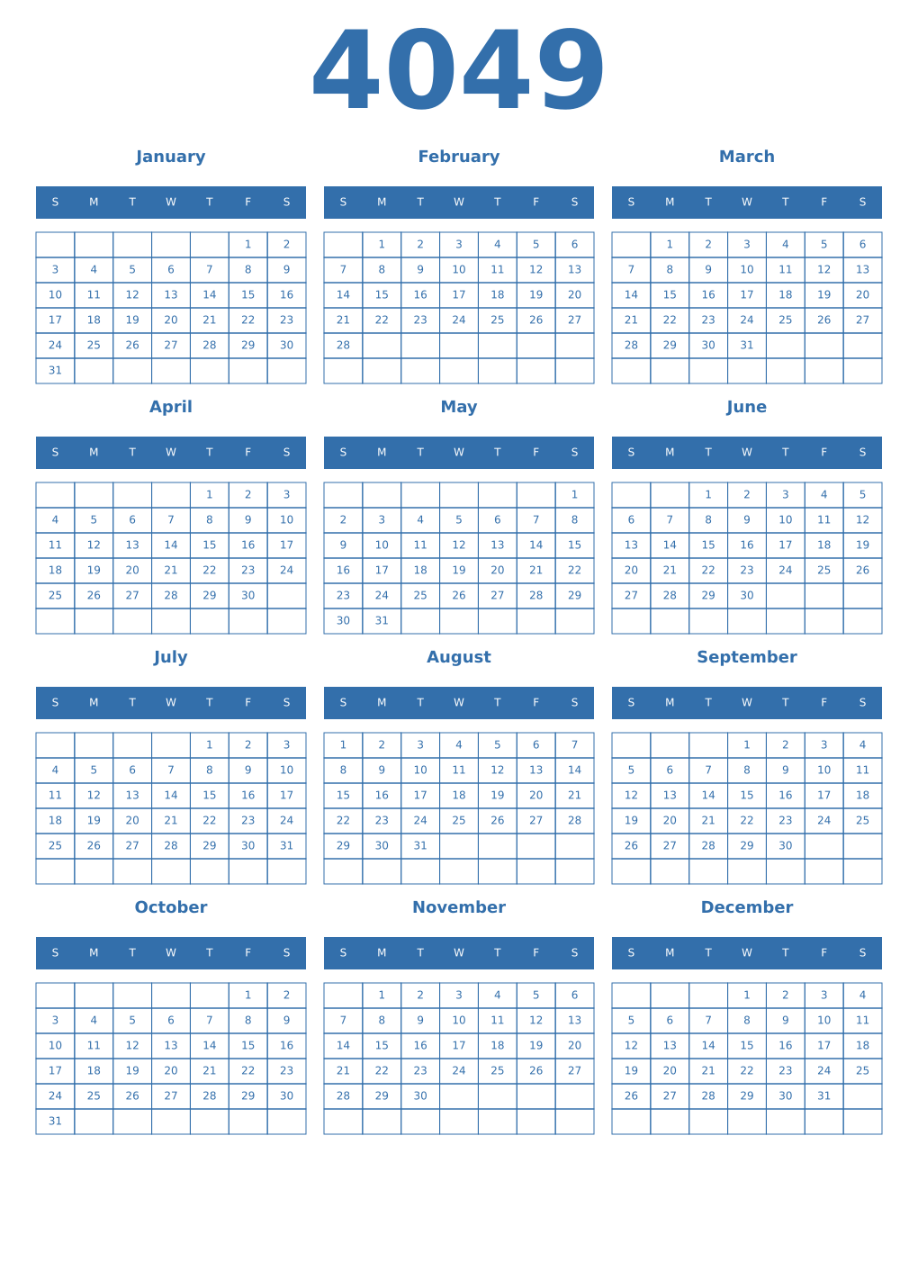 Printable 4049 Year Calendars blue
