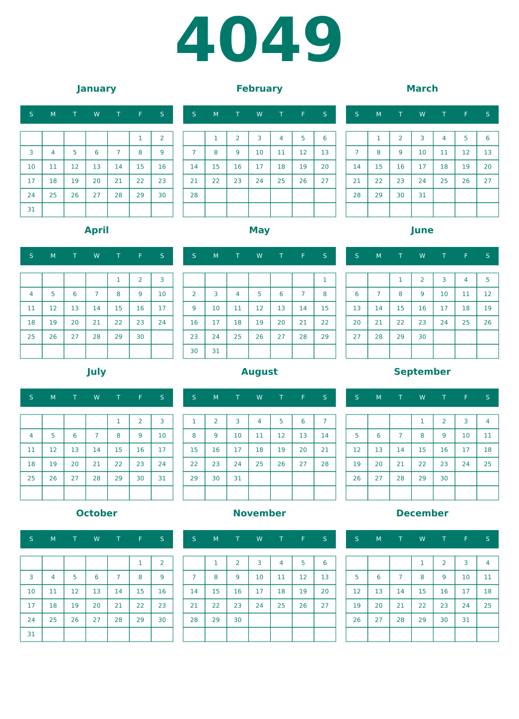 Printable 4049 Year Calendars pastel