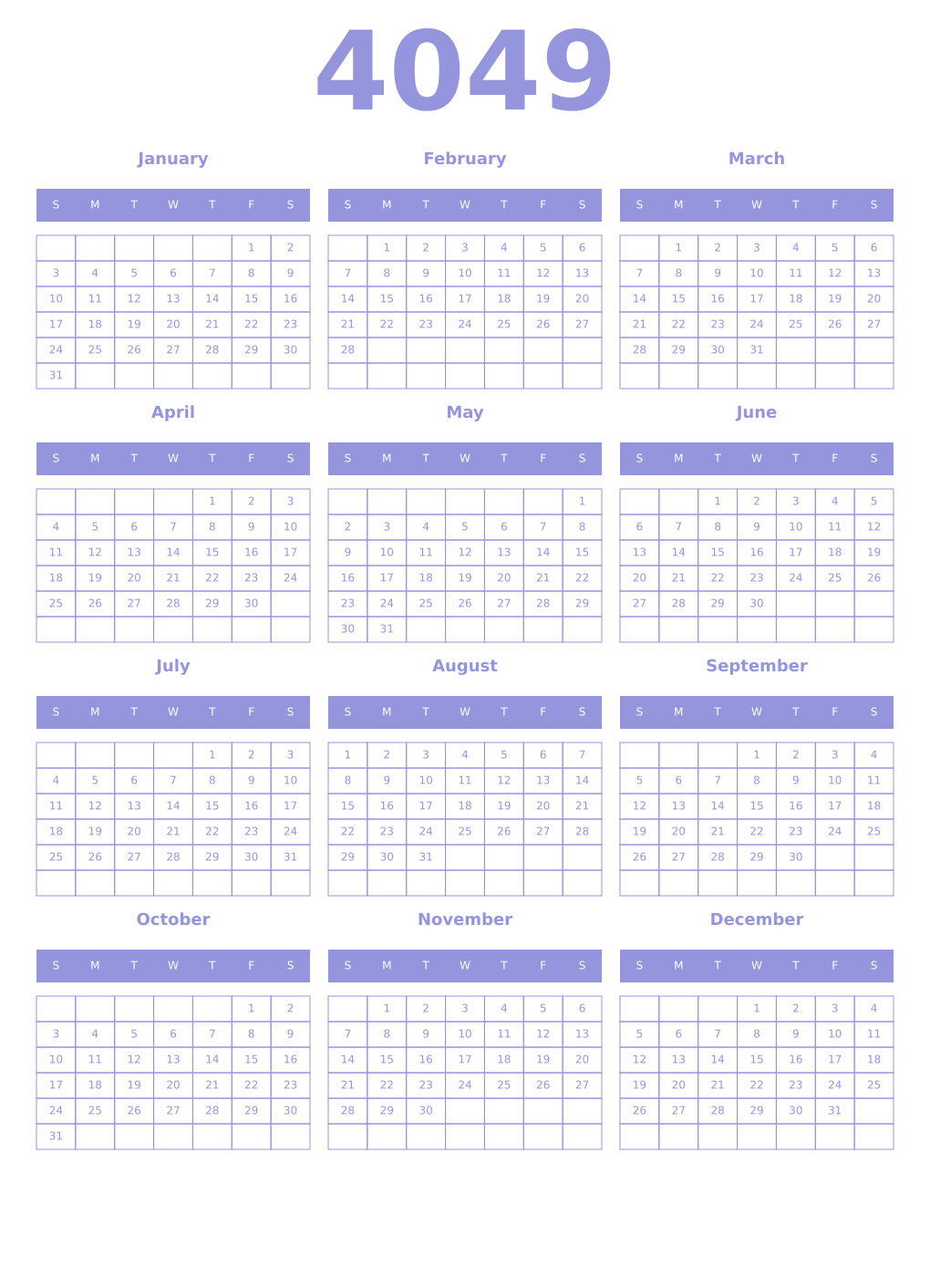 Printable 4049 Year Calendars periwinkle