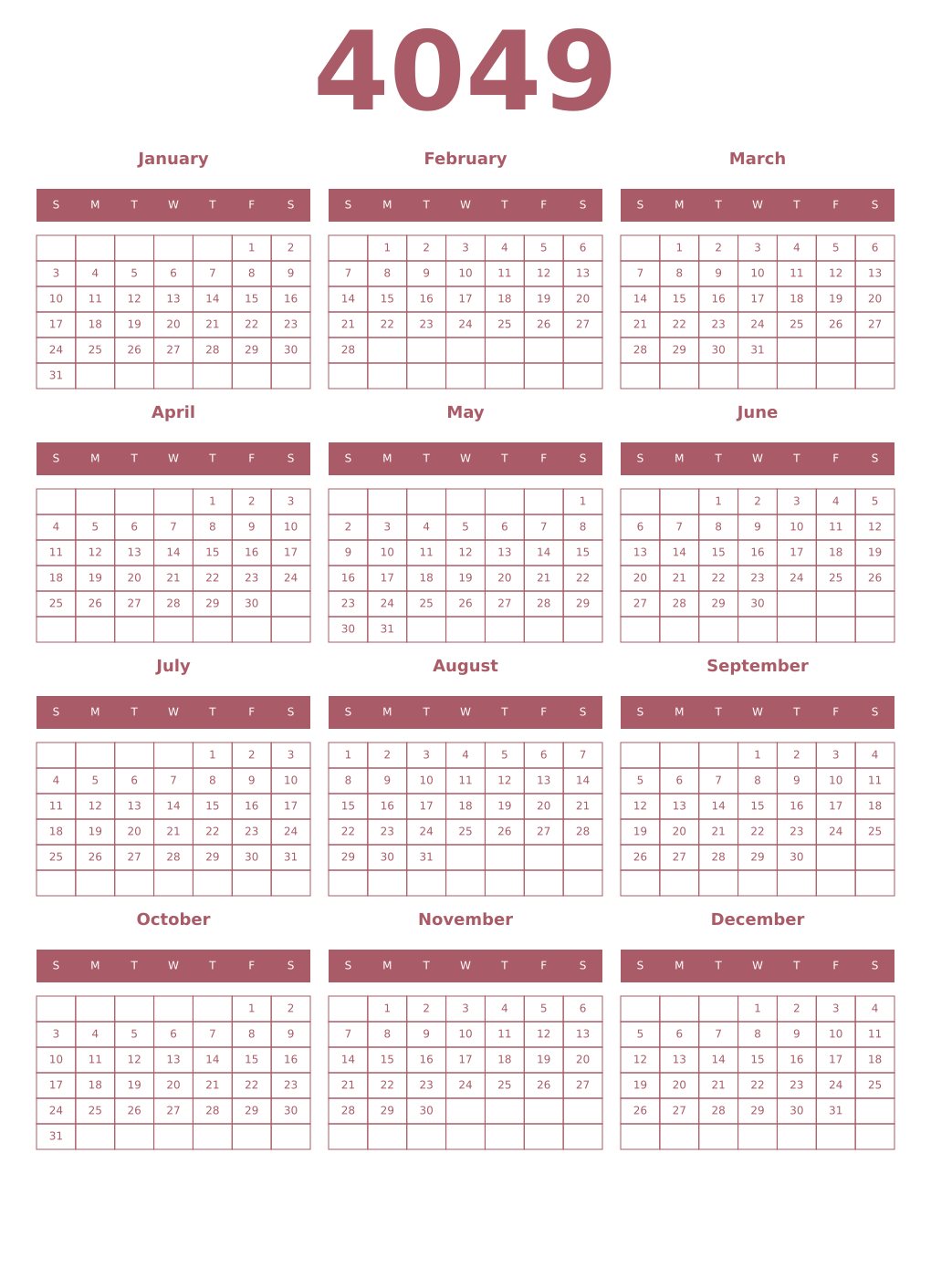 Printable 4049 Year Calendars puce