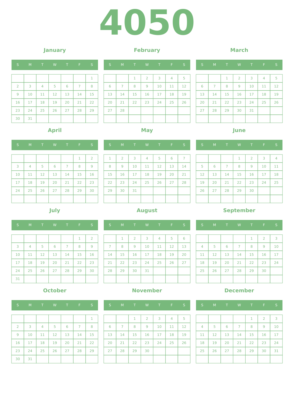 Printable 4050 Year Calendars celadon