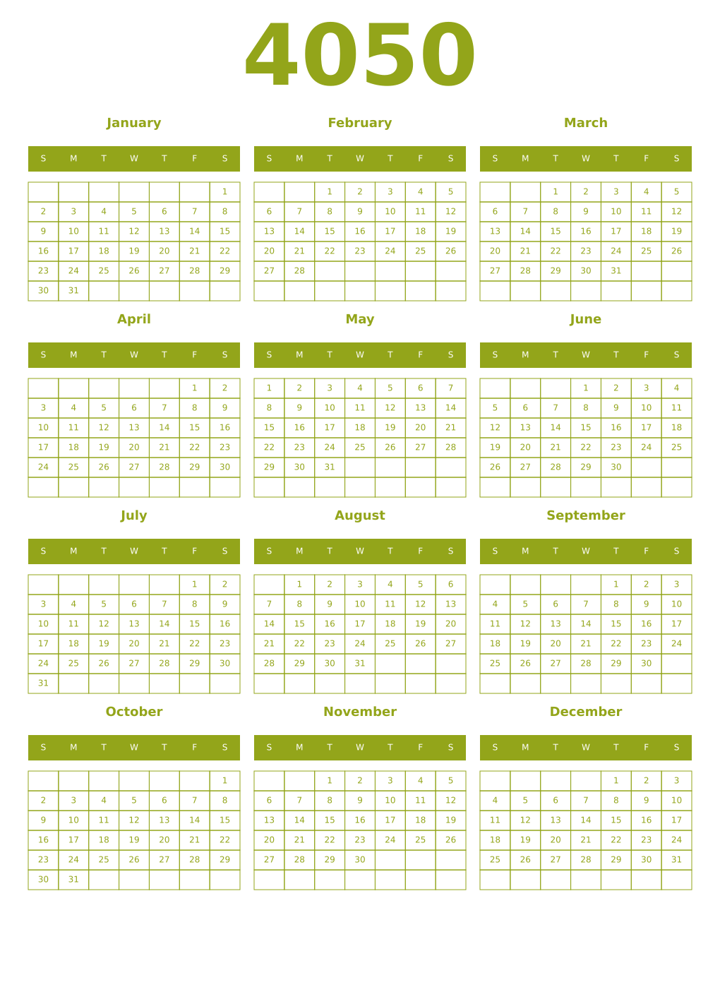 Printable 4050 Year Calendars chartreuse
