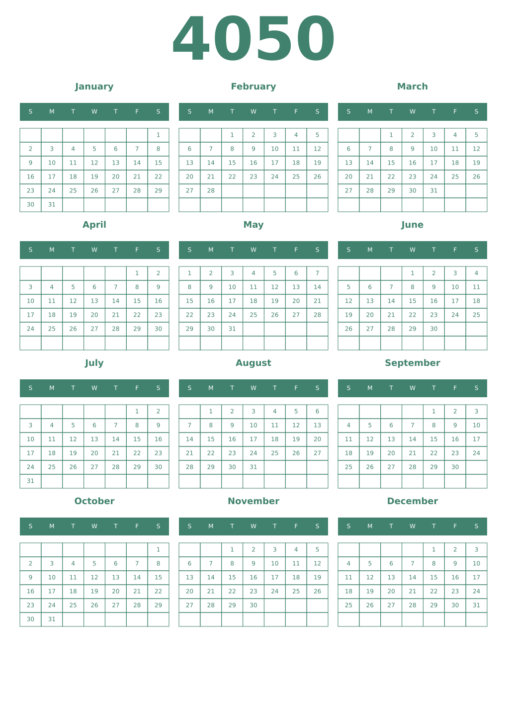 Printable 4050 Year Calendars viridian