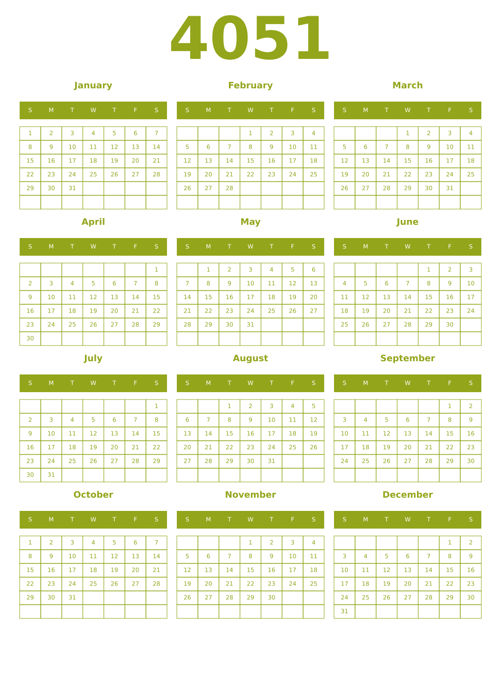Printable 4051 Year Calendars chartreuse