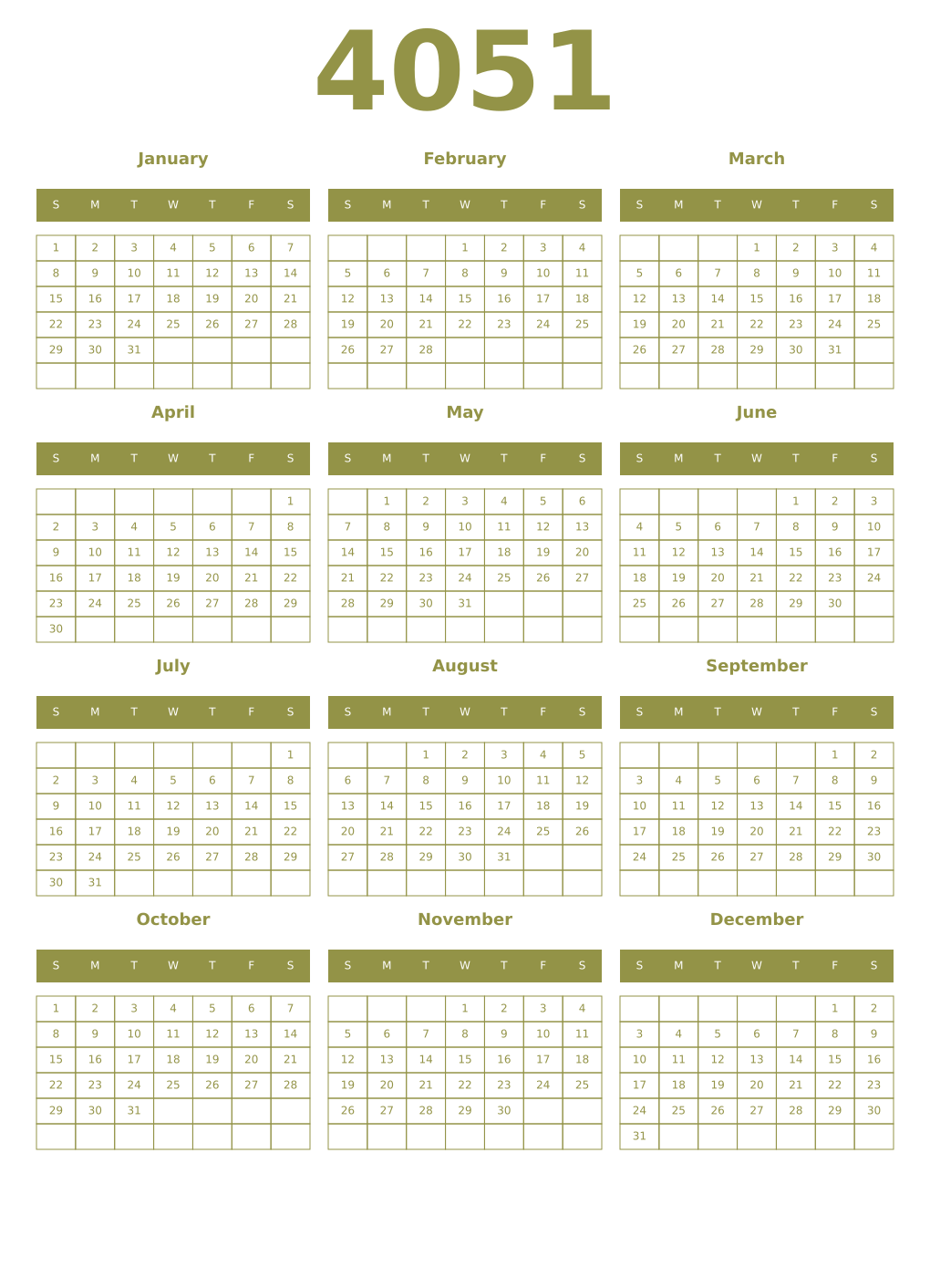 Printable 4051 Year Calendars eburnean