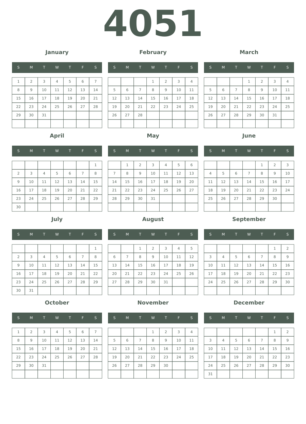 Printable 4051 Year Calendars feldgrau