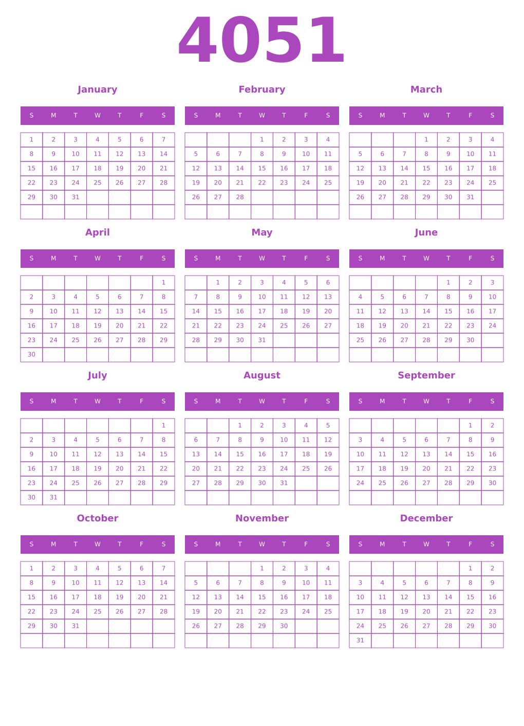 Printable 4051 Year Calendars purple