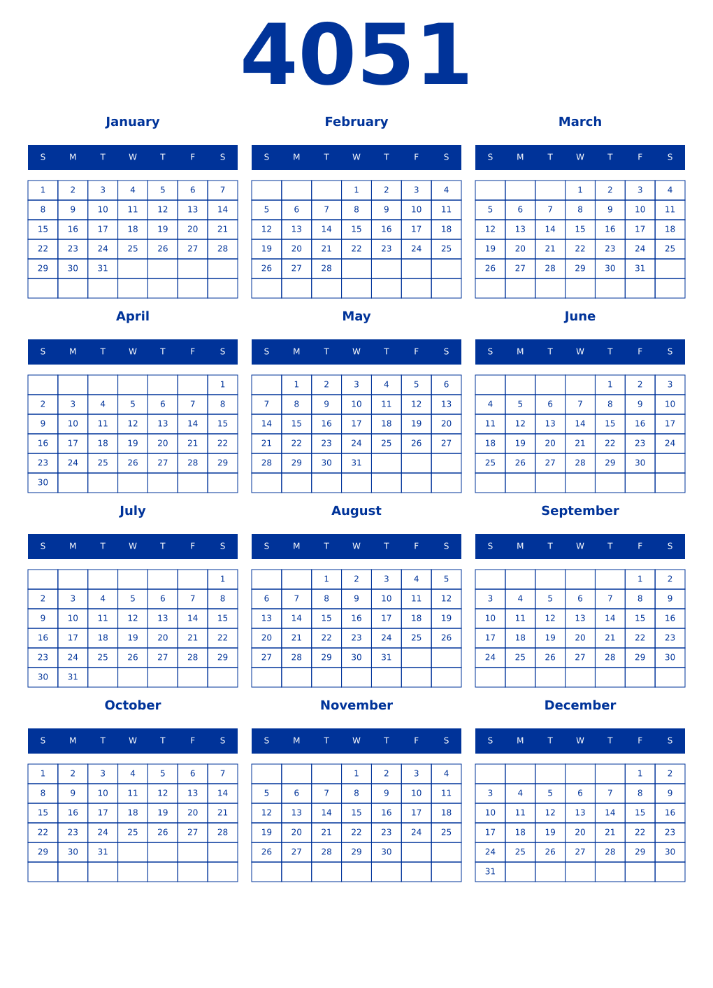 Printable 4051 Year Calendars smalt