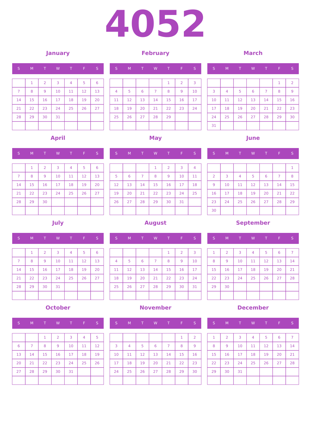 Printable 4052 Calendars