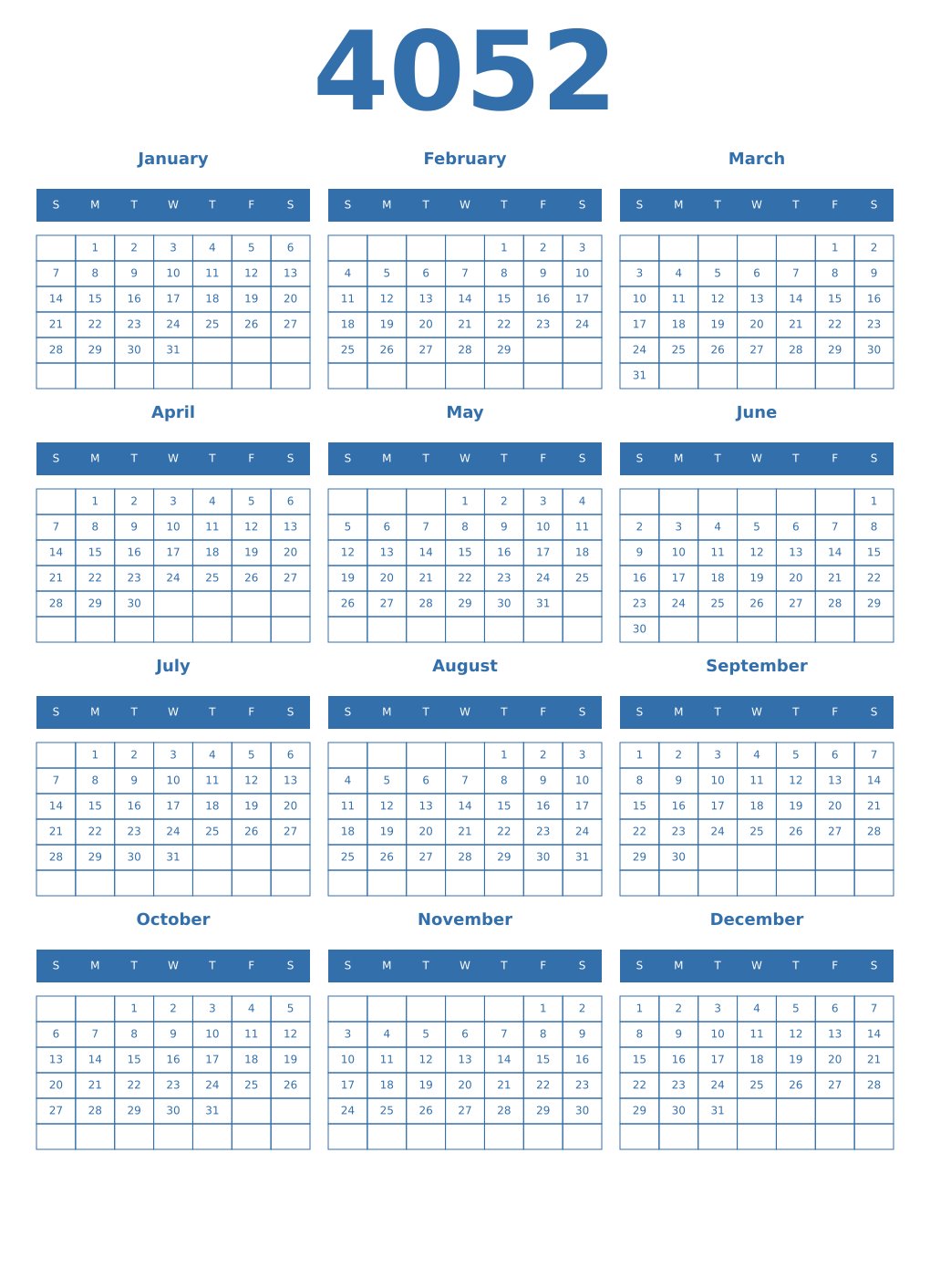 Printable 4052 Year Calendars blue