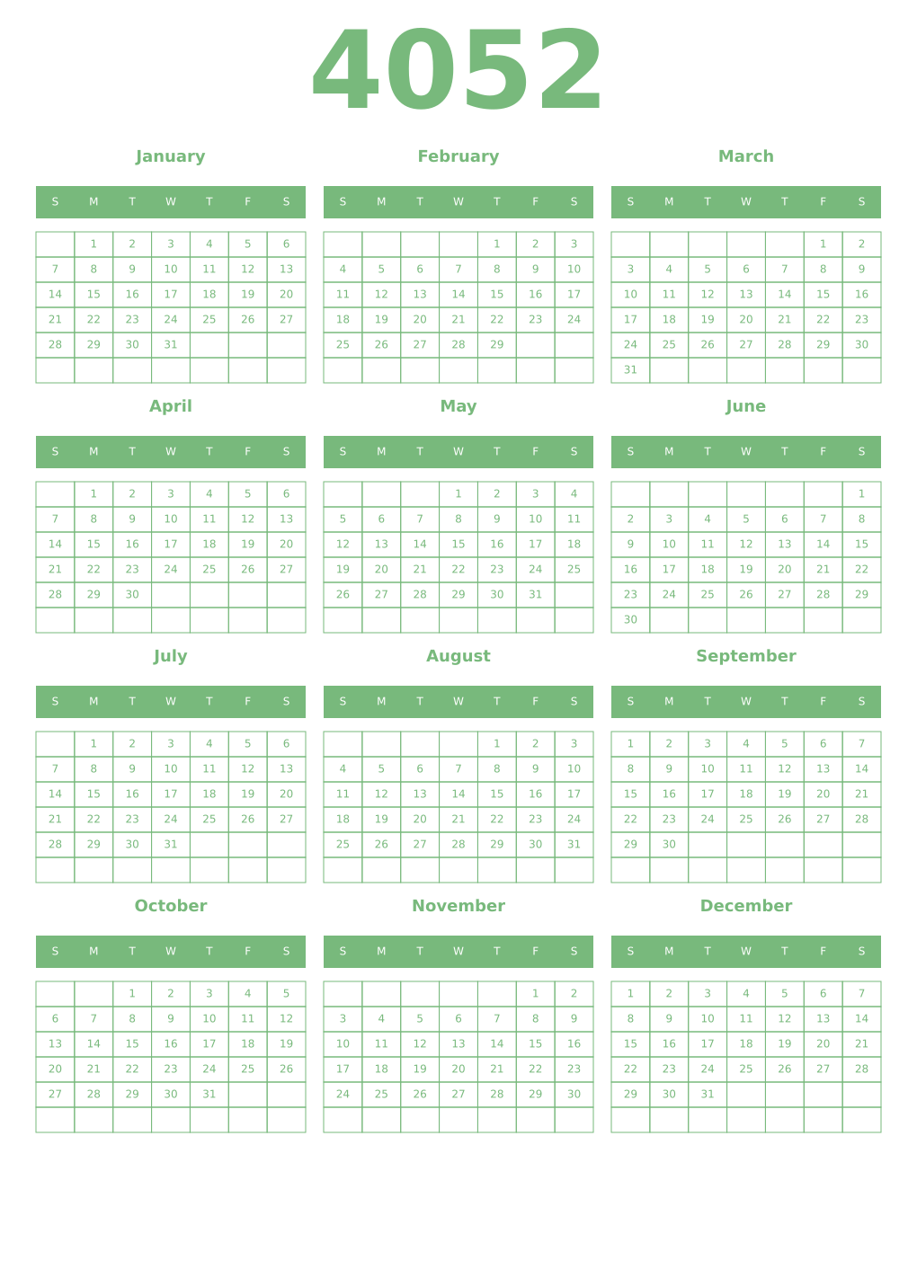 Printable 4052 Year Calendars celadon