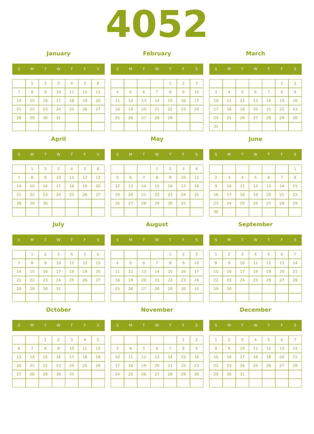 Printable 4052 Year Calendars chartreuse