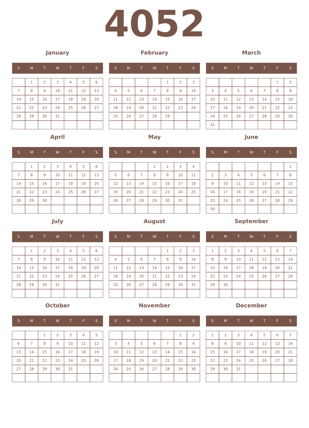 Printable 4052 Year Calendars coffe