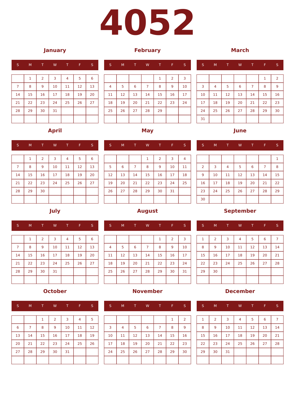 Printable 4052 Year Calendars falu