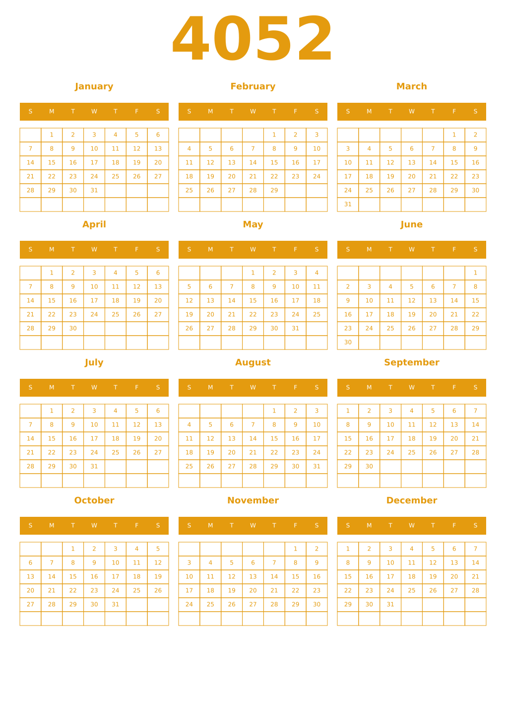 Printable 4052 Year Calendars gamboge