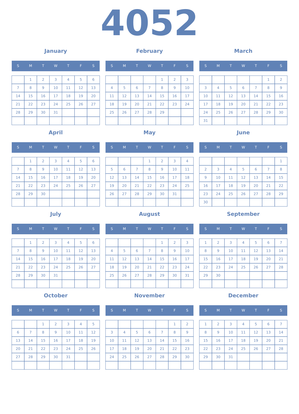 Printable 4052 Year Calendars glaucous