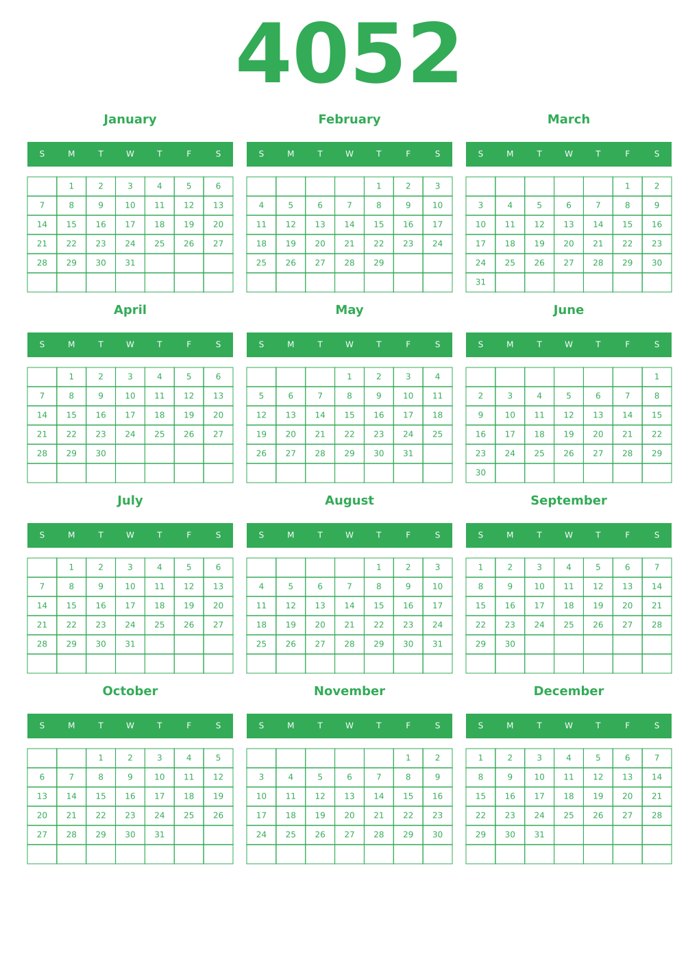 Printable 4052 Year Calendars green