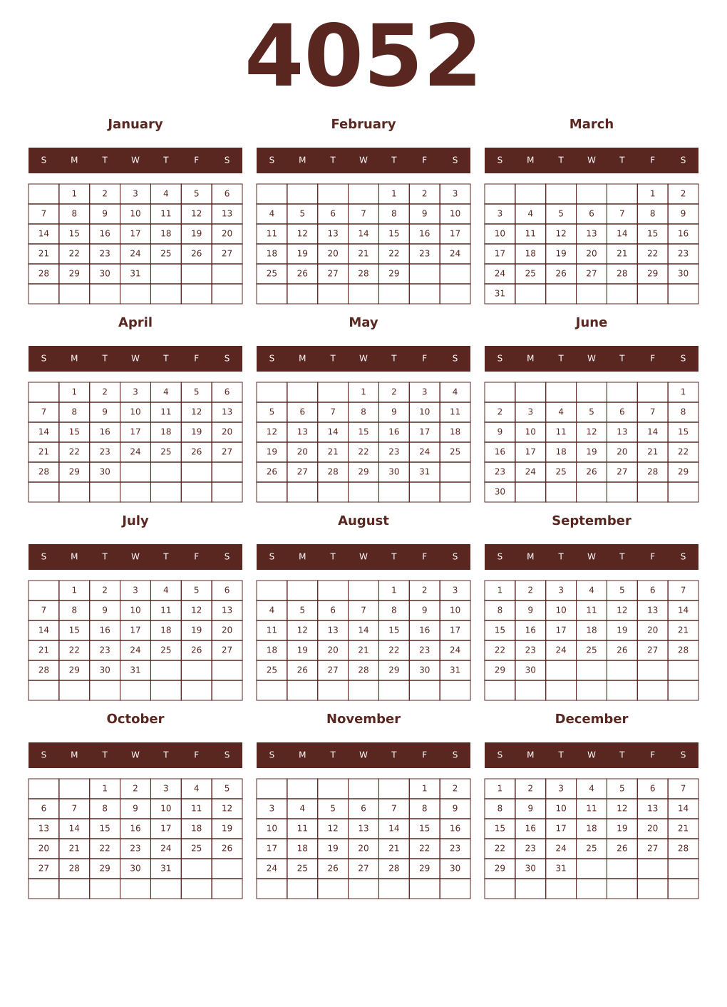 Printable 4052 Year Calendars mortuum