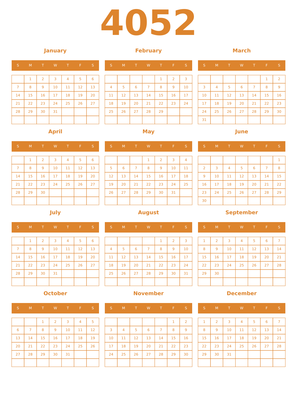 Printable 4052 Year Calendars orange