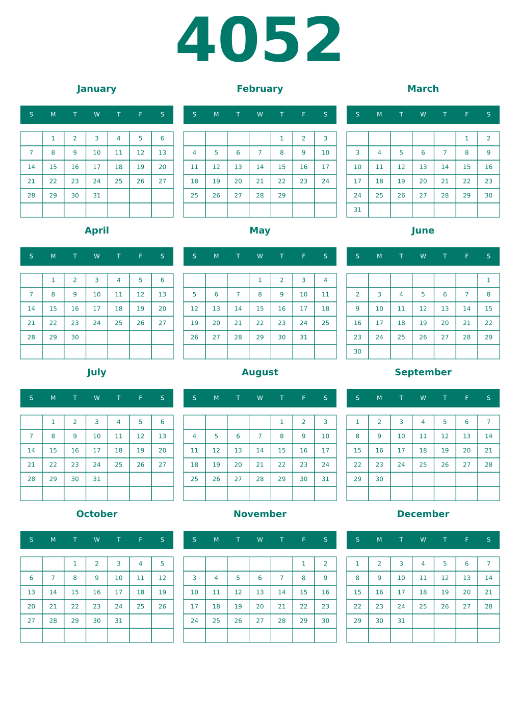 Printable 4052 Year Calendars pastel