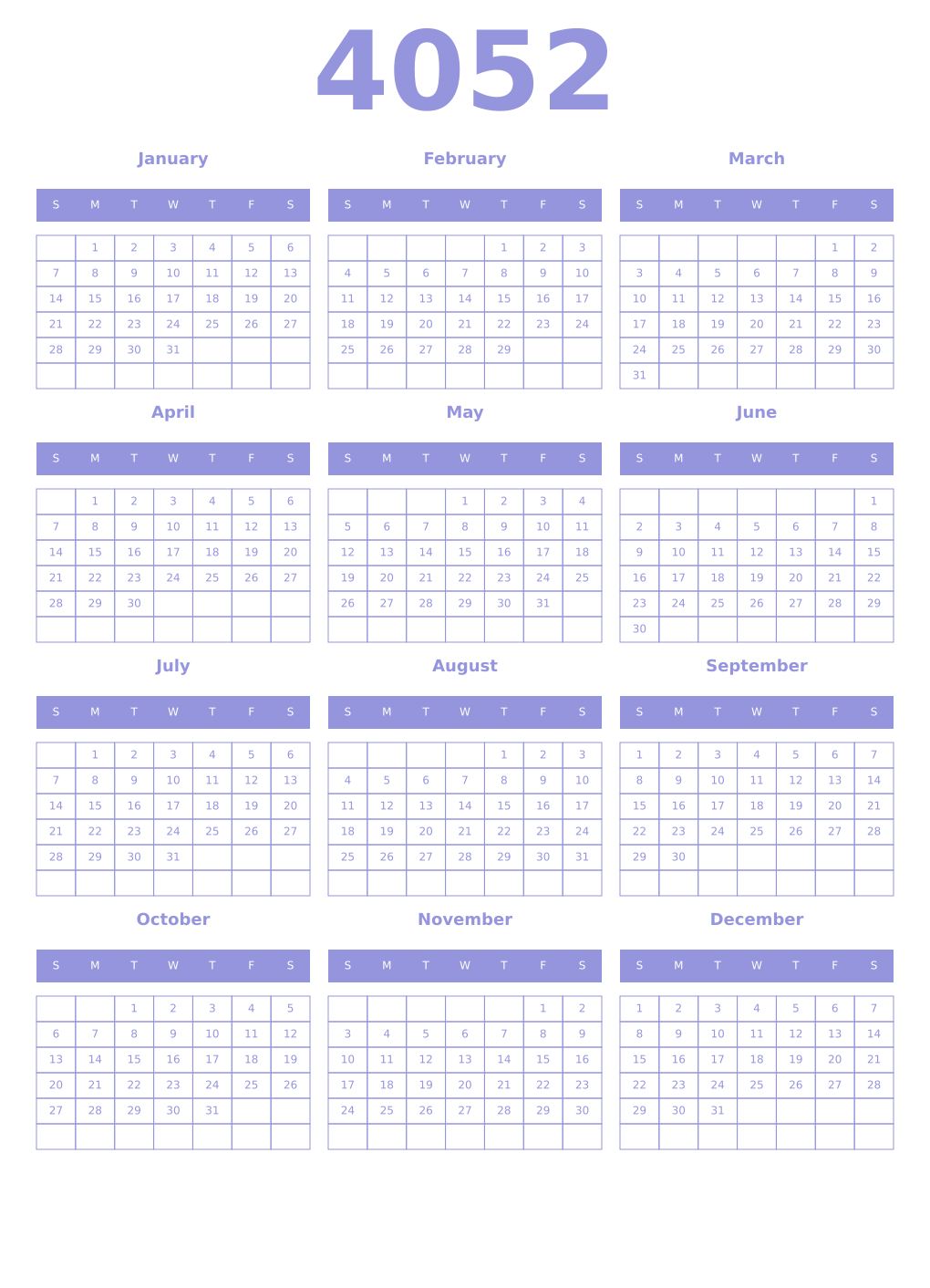 Printable 4052 Year Calendars periwinkle