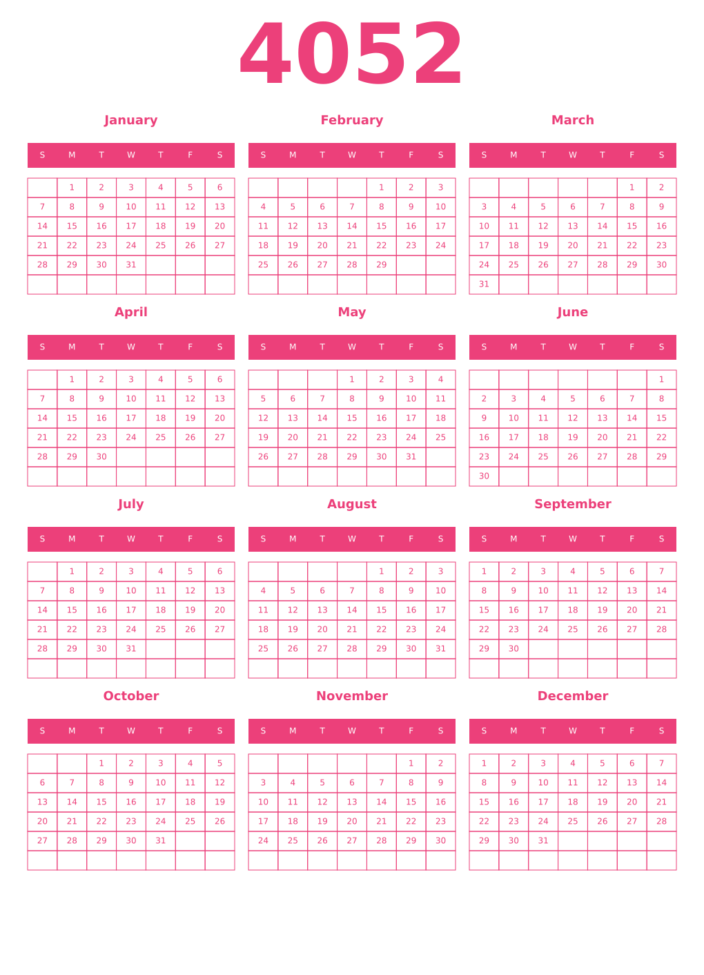 Printable 4052 Year Calendars pink