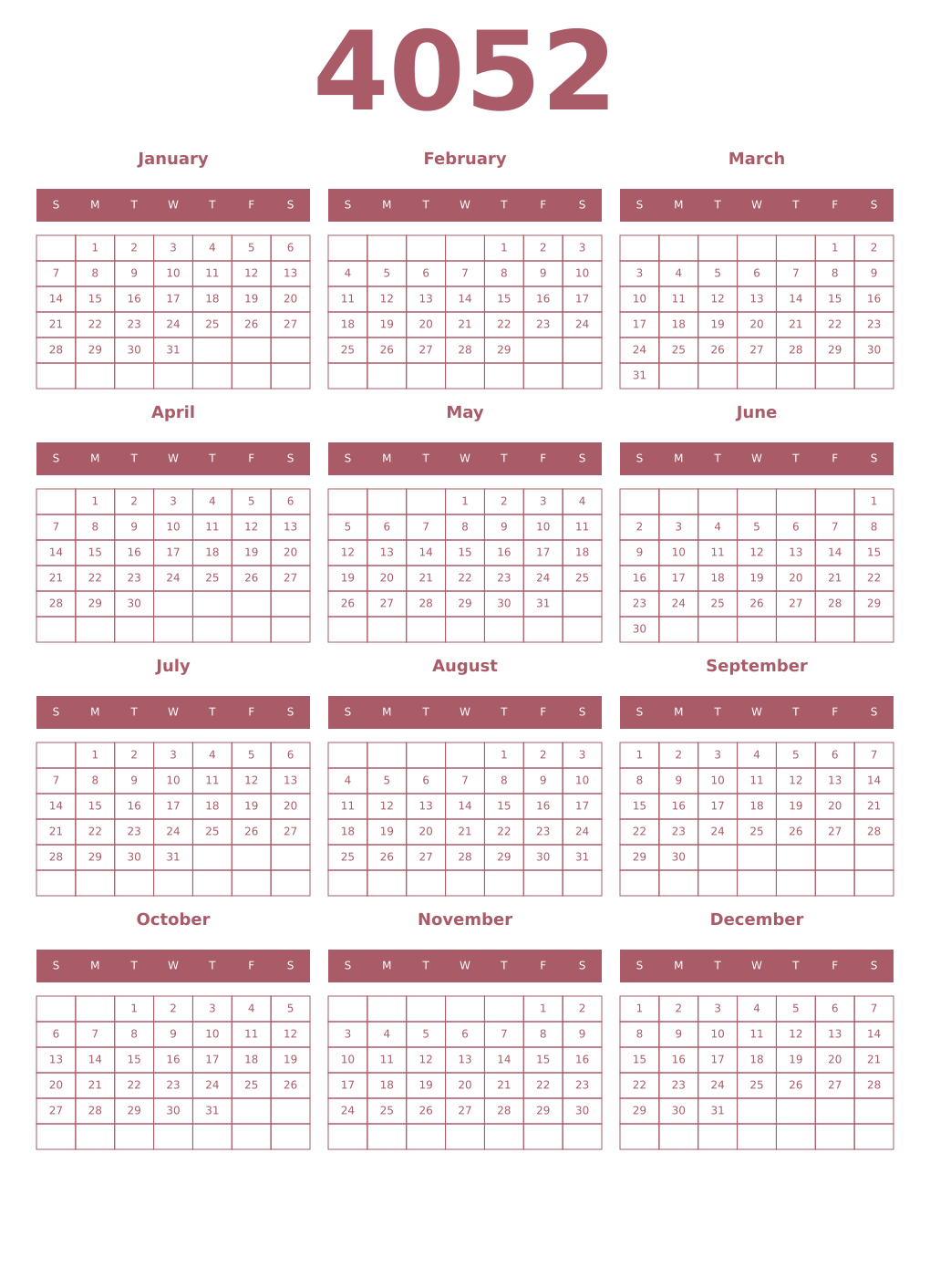 Printable 4052 Year Calendars puce