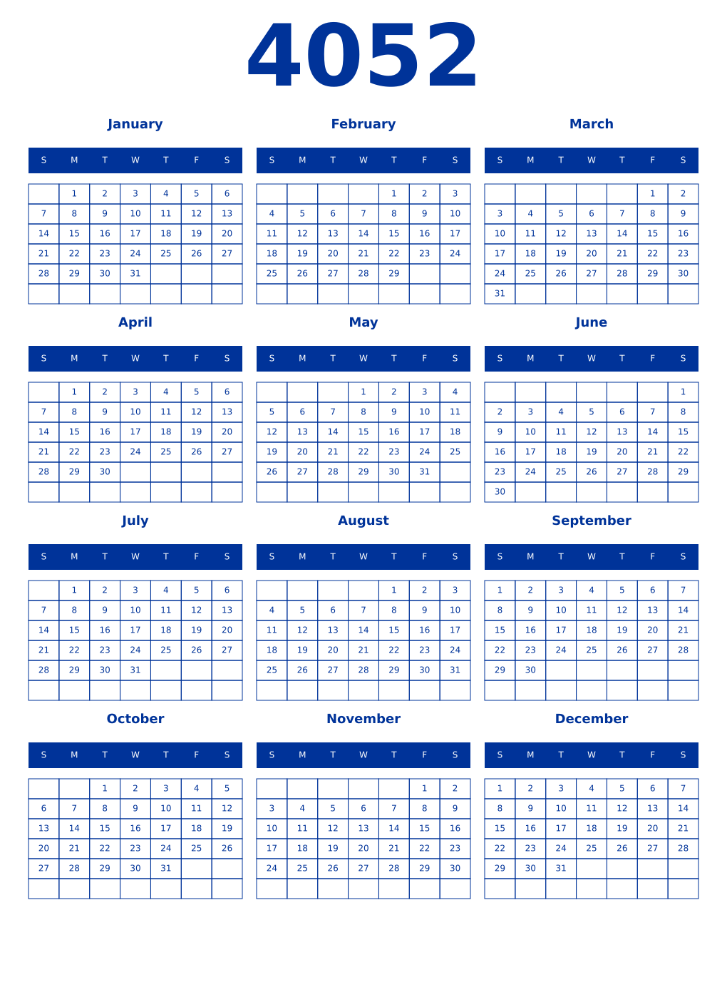 Printable 4052 Year Calendars smalt