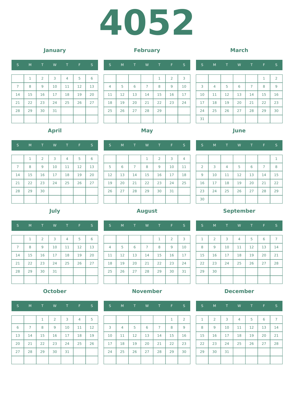 Printable 4052 Year Calendars viridian