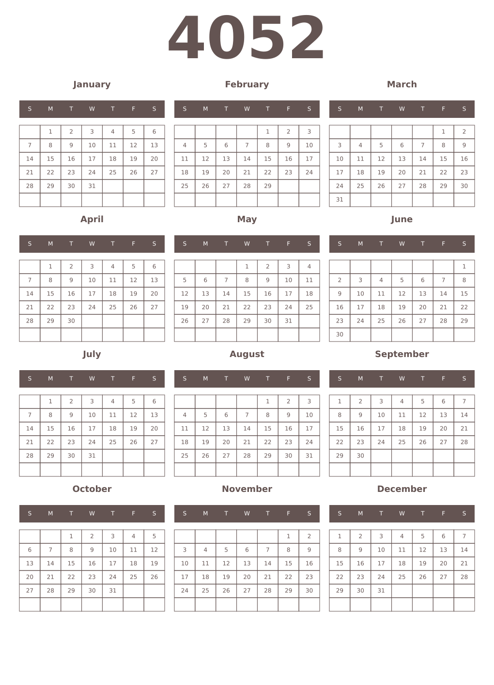 Printable 4052 Year Calendars wenge