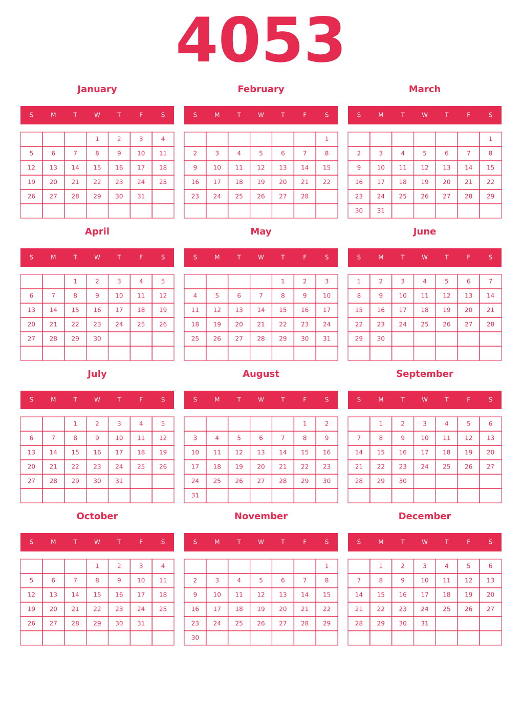 Printable 4053 Year Calendars amaranth