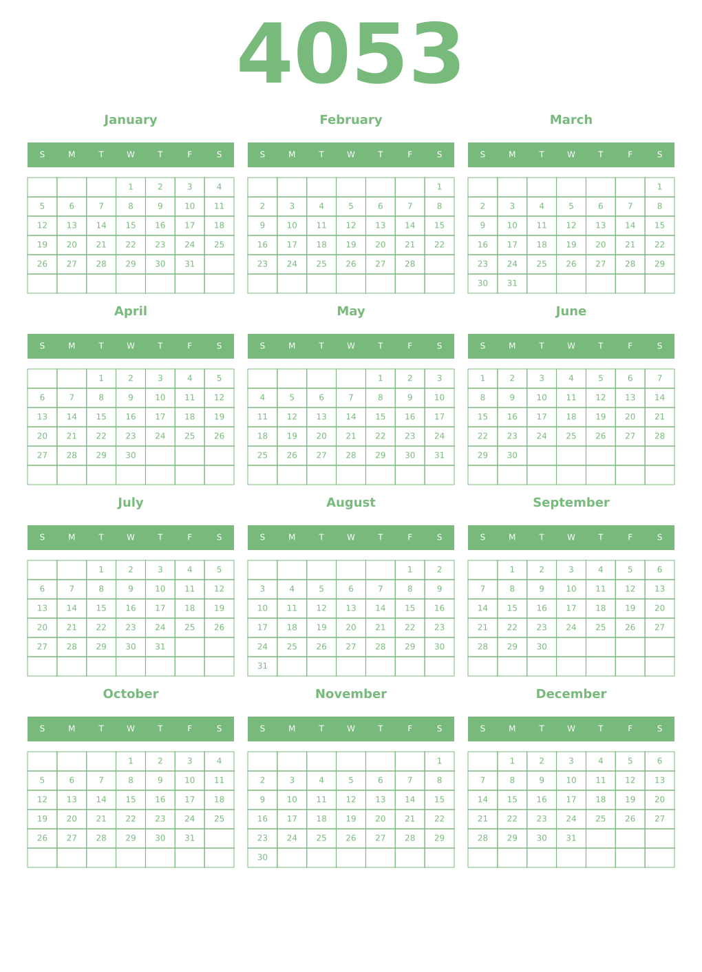 Printable 4053 Year Calendars celadon