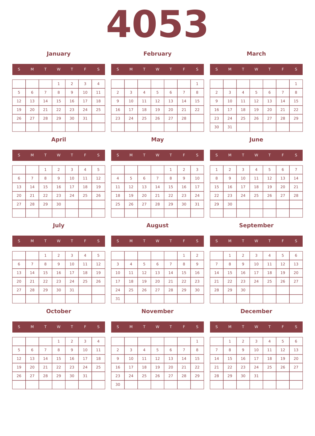 Printable 4053 Year Calendars cordovan