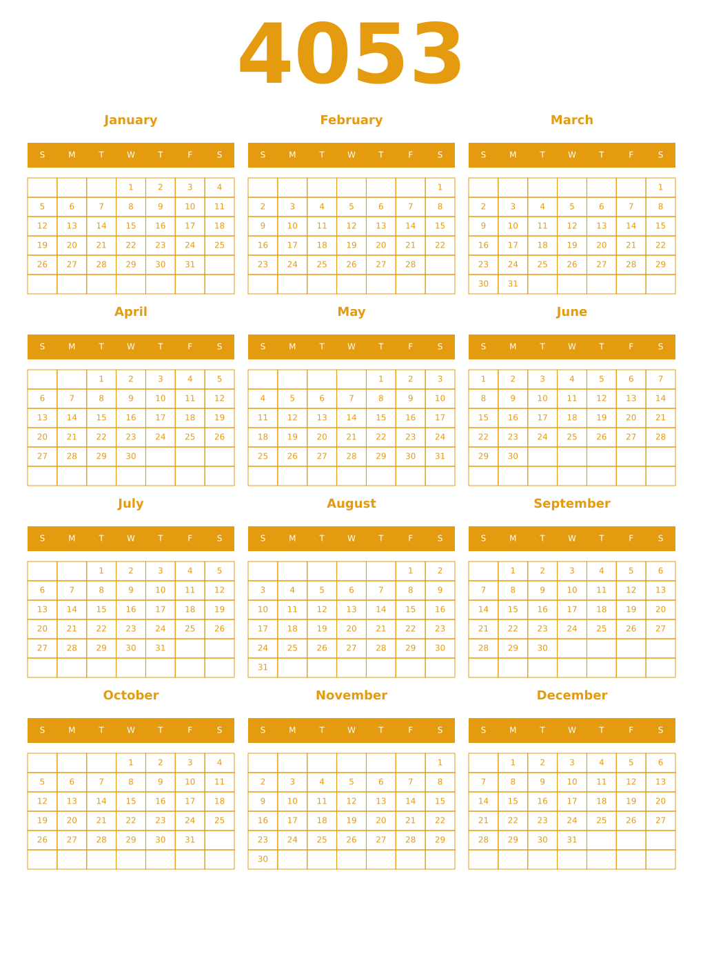 Printable 4053 Year Calendars gamboge