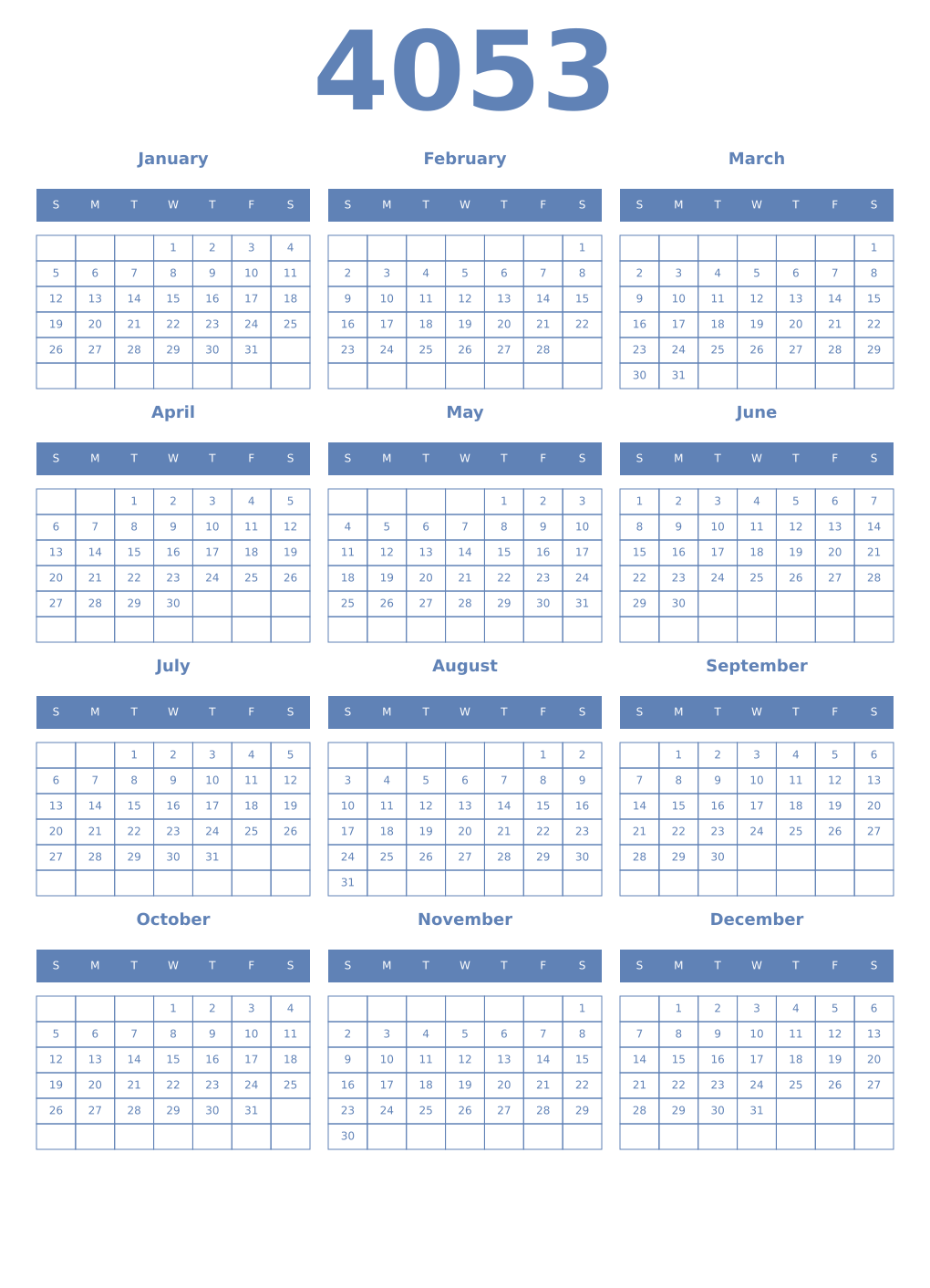Printable 4053 Year Calendars glaucous