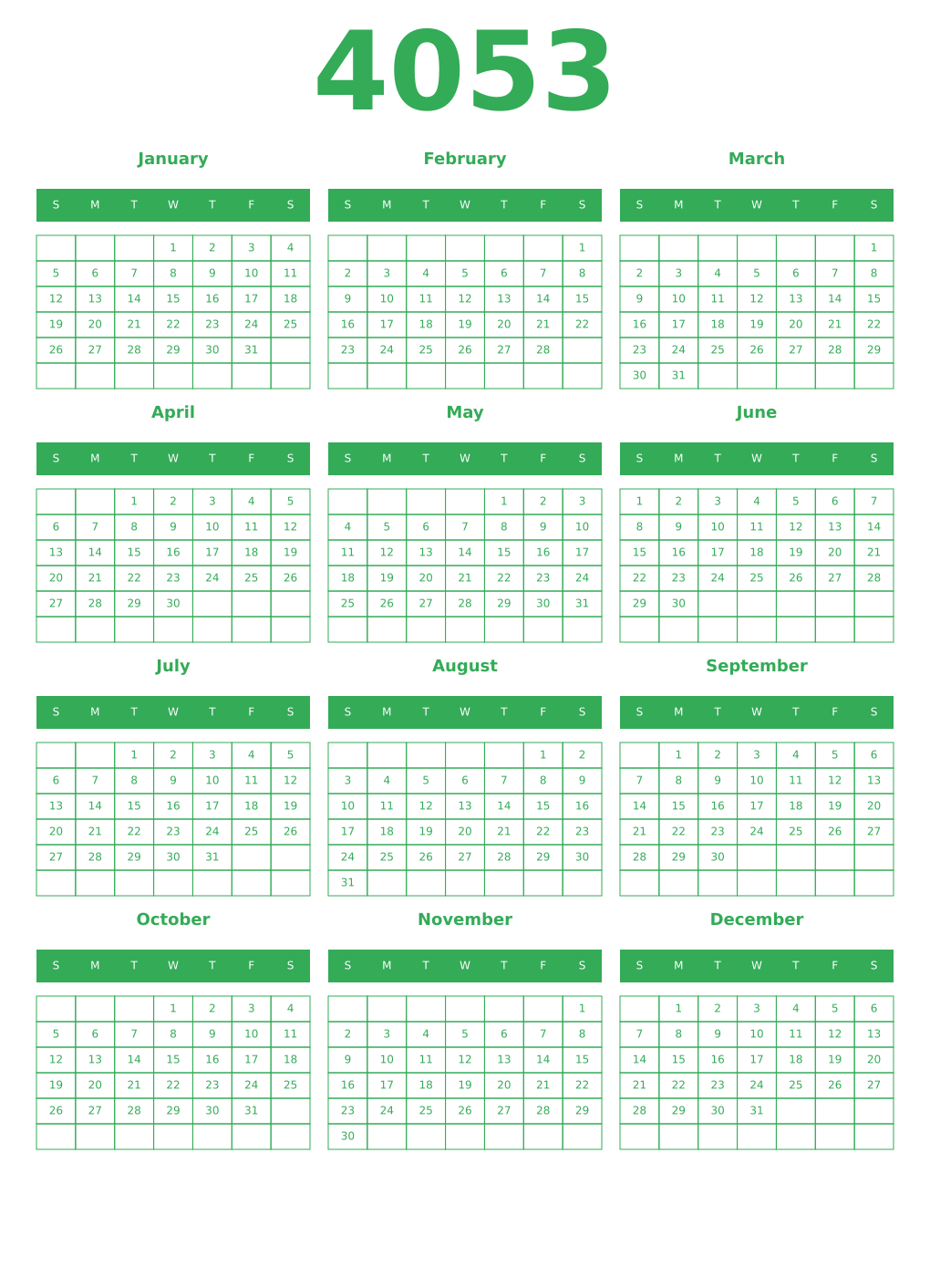 Printable 4053 Year Calendars green