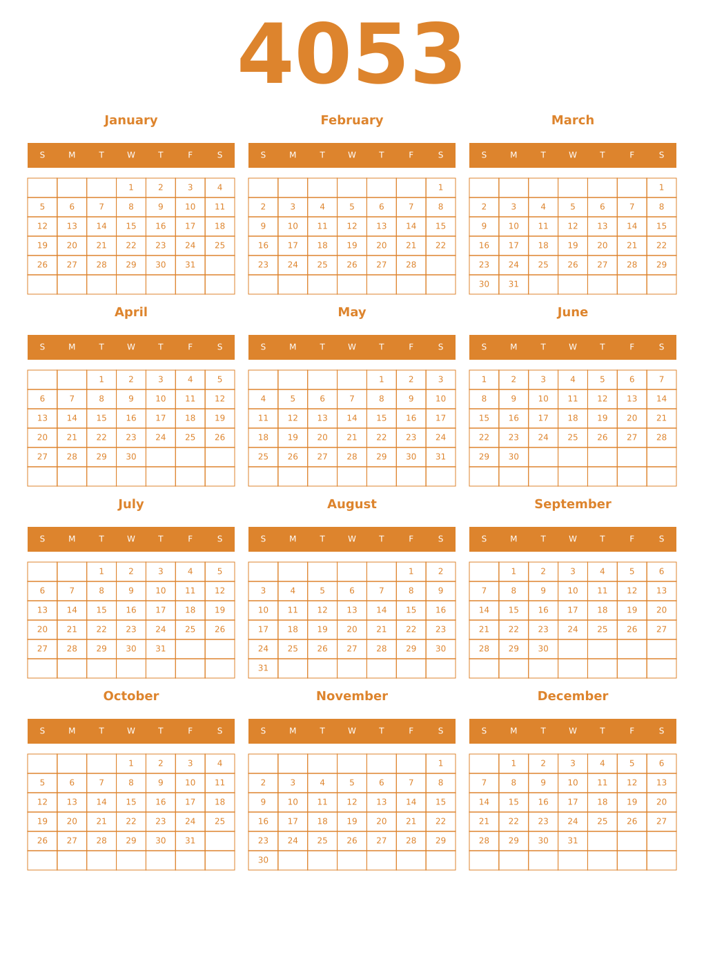 Printable 4053 Year Calendars orange