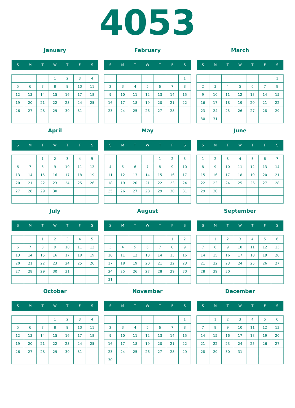 Printable 4053 Year Calendars pastel