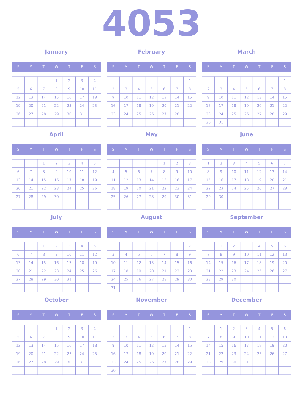 Printable 4053 Year Calendars periwinkle