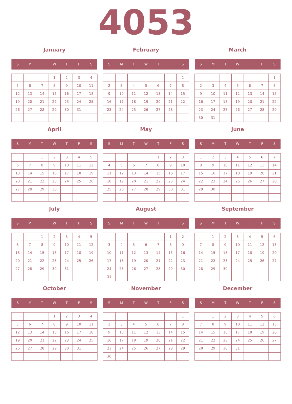 Printable 4053 Year Calendars puce