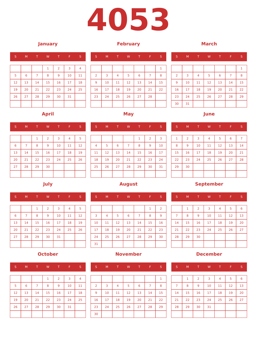 Printable 4053 Year Calendars red