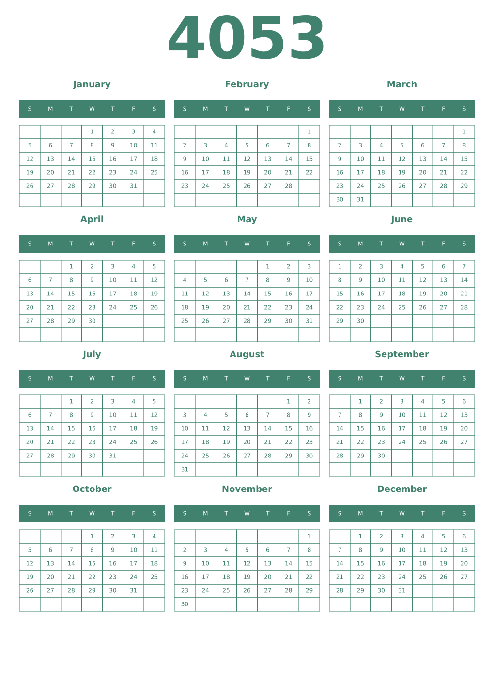 Printable 4053 Year Calendars viridian
