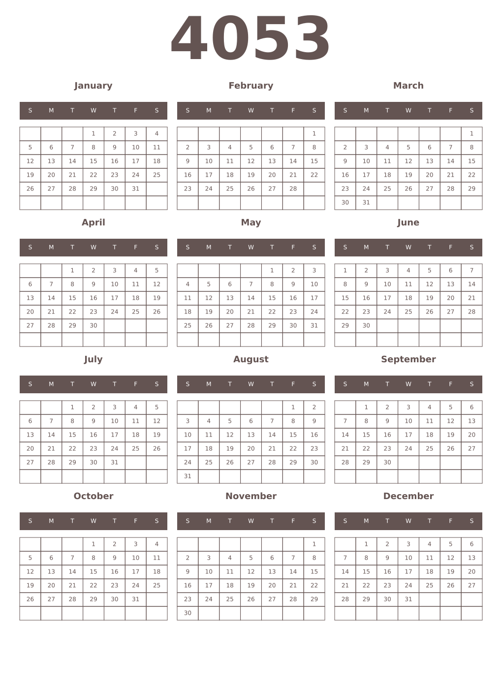 Printable 4053 Year Calendars wenge