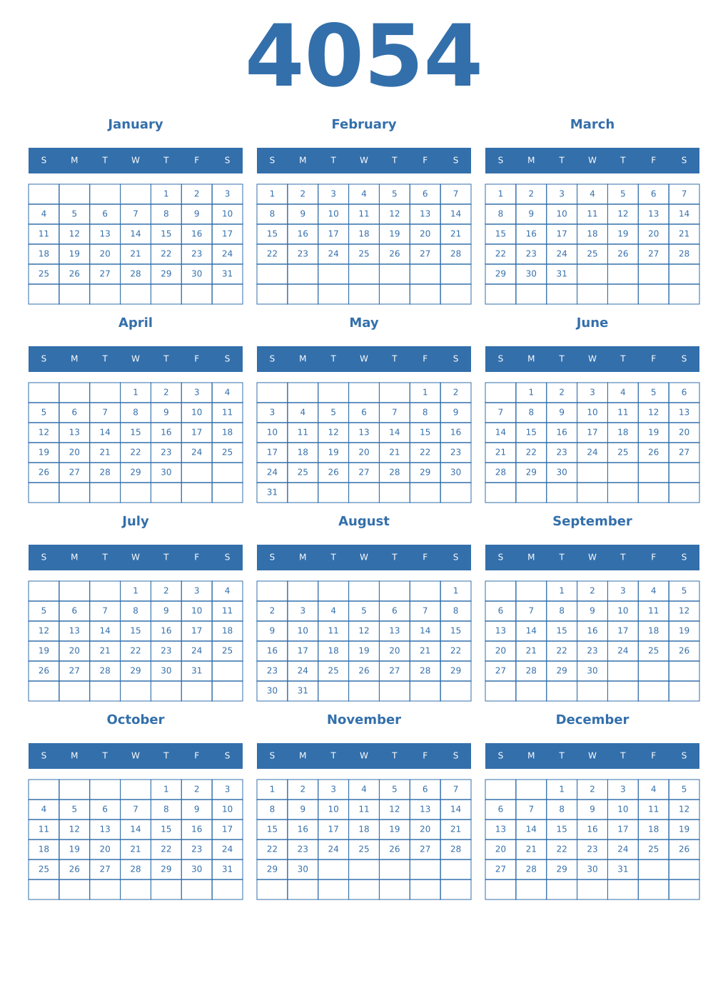 Printable 4054 Year Calendars blue